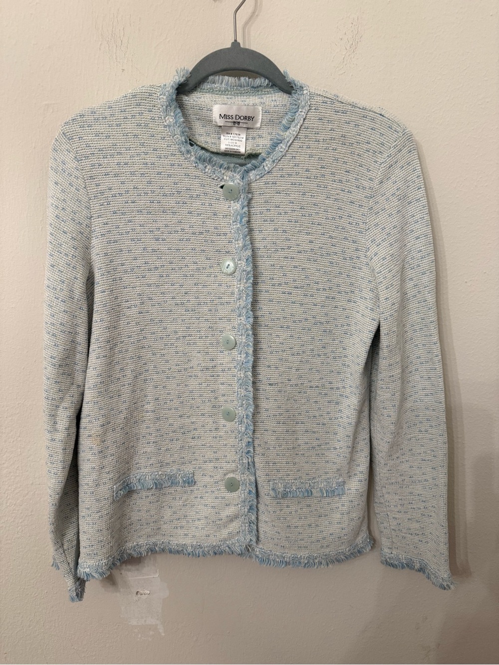 Chanel- like Light Blue Tweed Fringe-Trim Cardigan Sweater